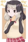  1girl alpine_marmot_(kemono_friends) animal_ears beige_sweater brown_eyes brown_gloves brown_hair commentary_request cooh_system cowboy_shot elbow_gloves eyebrows_visible_through_hair gloves gradient_hair grey_hair hair_brush hair_brushing kemono_friends kemono_friends_3 long_hair multicolored_hair plaid plaid_skirt pleated_skirt red_neckwear red_skirt short_sleeves skirt solo squirrel_ears squirrel_girl translation_request two-tone_hair 