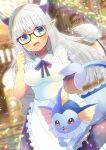  1girl :d apron bangs black-framed_eyewear black_dress blurry blurry_background blush breasts commentary_request crossover depth_of_field dress elysia_rose eyebrows_visible_through_hair fang frilled_apron frills gen_1_pokemon glasses green_eyes grey_hair horns indie_virtual_youtuber kou_hiyoyo long_hair looking_at_viewer medium_breasts open_mouth pointy_ears pokemon pokemon_(creature) puffy_short_sleeves puffy_sleeves purple_eyes short_sleeves smile tail_raised vaporeon very_long_hair virtual_youtuber white_apron 