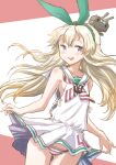  1girl blonde_hair clothes_writing commentary_request cosplay cowboy_shot dress fuji_(pixiv24804665) green_hairband grey_eyes hairband highres kantai_collection libeccio_(kancolle) libeccio_(kancolle)_(cosplay) long_hair looking_at_viewer neckerchief panties rensouhou-chan sailor_collar sailor_dress shimakaze_(kancolle) side-tie_dress sleeveless sleeveless_dress striped striped_neckwear striped_panties two-tone_background underwear white_dress white_sailor_collar 