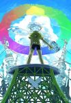  1girl antennae aqua_hair arms_behind_back bad_id bad_pixiv_id black_shorts blue_hair blue_sky city cloud cloudy_sky floating_hair from_behind from_below gun headband holding holding_gun holding_weapon inkling long_hair neko_miya outdoors pointy_ears rainbow_gradient rainbow_order short_shorts shorts sky splatoon_(series) splatoon_1 spread_legs weapon wire 