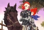  2girls armor closed_mouth fire_emblem fire_emblem_fates hair_bun hairband highres horseback_riding igni_tion kana_(fire_emblem) kana_(fire_emblem)_(female) mother_and_daughter multiple_girls red_hair riding scarf short_hair shoulder_armor sophie_(fire_emblem) tree 