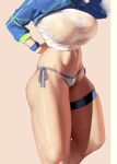  1girl artoria_pendragon_(all) bikini blue_jacket breasts cropped_jacket eu03 fate/grand_order fate_(series) head_out_of_frame jacket large_breasts long_hair long_sleeves mysterious_heroine_xx_(fate) navel shrug_(clothing) swimsuit thighs white_bikini wristband 
