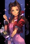  1girl aerith_gainsborough basket braid breasts brown_hair dark_background dress final_fantasy final_fantasy_vii flower flower_basket forehead green_eyes hungry_clicker jacket looking_at_viewer medium_breasts parted_lips petals pink_dress red_jacket smile solo traditional_media twin_braids 