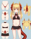  1girl alternate_costume alternate_hairstyle arms_behind_back awai_shiro blush commentary_request dragon_horns dragon_tail hair_ribbon horns indie_virtual_youtuber long_hair looking_at_viewer navel red_eyes ribbon simple_background swimsuit tail twintails 