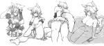  1girl absurdres animal_ears bow breasts butteryshake highres monochrome nipples nude original panties pantyshot relaxing sketch socks_removed tail underwear undressing upskirt water 