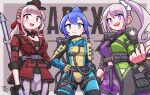  3girls :3 absurdres apex_legends black_headwear blue_bodysuit blue_hair bodysuit bootlegger_loba breasts bright_pupils brown_eyes cable cleavage cosplay depths_of_the_void_wraith earrings elu_(nijisanji) eyebrows_visible_through_hair hair_behind_ear hair_bun hand_on_hip highres higuchi_kaede holding holding_staff jacket jewelry large_breasts loba_(apex_legends) loba_(apex_legends)_(cosplay) looking_at_viewer mole mole_under_eye multiple_girls negiponzu nijisanji pink_hair pointy_ears purple_hair rampart_(apex_legends) rampart_(apex_legends)_(cosplay) red_jacket side_ponytail smile staff striped_jacket twintails virtual_youtuber white_pupils wraith_(apex_legends) wraith_(apex_legends)_(cosplay) yuuki_chihiro 