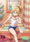  1girl bangs blonde_hair braid breasts brushing_teeth dolphin_shorts fate/apocrypha fate_(series) french_braid green_eyes hair_ornament hair_scrunchie highres long_hair looking_at_viewer mordred_(fate) mordred_(fate)_(all) parted_bangs ponytail scrunchie shorts sidelocks small_breasts solo tonee toothbrush_in_mouth 