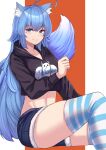  absurdres animal_ear_fluff animal_ears blue_eyes blue_hair breasts fox_ears fox_girl fox_tail from_side highres kanta_(kanta_077) knees_up looking_at_viewer original short_shorts shorts sitting solo sweater_vest tail thighhighs thighs 