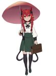  1girl alternate_costume animal_ears bag bangs black_bow black_choker black_legwear black_neckwear bobby36446329 bow bowtie breasts cat_ears cat_tail choker collarbone extra_ears eyebrows_behind_hair fang fang_out full_body green_skirt hair_between_eyes hair_bow highres holding holding_bag holding_umbrella kaenbyou_rin large_breasts light_blush long_sleeves looking_up multiple_tails nekomata over-kneehighs pointy_ears puffy_sleeves shirt simple_background skirt slit_pupils smile solo tail thighhighs touhou two_tails umbrella white_background white_shirt 