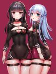  2girls agatsuma_kaede alice_gear_aegis ass ass_visible_through_thighs bangs black_choker black_hair black_panties black_shirt blue_hair breasts checkered choker cleavage cleavage_cutout clothing_cutout collarbone covered_navel cowboy_shot doyouwantto eyebrows_visible_through_hair green_eyes grey_eyes hair_between_eyes half_updo hands_on_own_ass legs_together long_hair long_sleeves looking_at_viewer looking_to_the_side medium_breasts multiple_girls ochanomizu_mirie open_mouth panties parted_lips red_background shiny shiny_clothes shiny_hair shiny_skin shirt sidelocks signature simple_background skin_tight small_breasts standing thigh_gap thigh_strap tsurime underwear wristband 