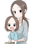  2girls absurdres blue_shirt blush brown_eyes brown_hair child closed_mouth commentary_request forehead grey_sweater highres inaba_mifumi karakai_jouzu_no_(moto)_takagi-san karakai_jouzu_no_takagi-san long_hair long_sleeves looking_at_viewer multiple_girls nishikata_chii open_mouth ponytail shirt short_hair short_sleeves sidelocks simple_background sitting smile sweater takagi-san upper_body white_background 