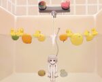  1girl bare_legs barefoot bathtub brown_eyes commentary_request food fruit grey_hair heart kiwifruit knees_up lemon looking_at_viewer orange_(food) original rubber_duck short_hair solo water yajirushi_(chanoma) 