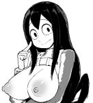  1girl akatsuki_katsuie asui_tsuyu black_hair boku_no_hero_academia breasts cleavage greyscale hand_up index_finger_raised large_breasts long_hair looking_at_viewer monochrome nipples simple_background solo white_background 