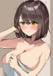  1girl ahoge areola_slip areolae azur_lane baltimore_(azur_lane) bangs blush breasts brown_hair cleavage closed_mouth commentary embarrassed eyebrows_visible_through_hair hair_between_eyes hand_in_hair large_breasts looking_at_viewer mattyazuki naked_towel parted_bangs short_hair smile solo towel trembling upper_body wet yellow_eyes 