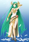  1girl absurdly_long_hair arm_up armpits bare_shoulders belt black_footwear blue_background blush breasts chaesu dress feathers gradient gradient_background green_eyes green_hair highres kid_icarus kid_icarus_uprising large_breasts long_hair looking_at_viewer palutena side_slit single_thighhigh solo strapless strapless_dress thighhighs very_long_hair white_dress white_feathers white_legwear 