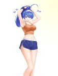  1girl adjusting_hair armpits arms_up blue_eyes blue_hair blue_shorts breasts chaesu feet_out_of_frame gradient gradient_background highres long_hair medium_breasts midriff mouth_hold navel orange_tank_top orie_(under_night_in-birth) ponytail shorts solo tank_top under_night_in-birth 