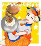  1girl apron blonde_hair blouse border burger commentary_request e-no-ki ear_piercing earrings english_text food from_above holding holding_tray idolmaster idolmaster_cinderella_girls jewelry looking_at_viewer necktie one_eye_closed open_mouth orange_neckwear orange_skirt piercing red_eyes senzaki_ema short_hair skirt solo star_(symbol) star_earrings striped striped_skirt tray very_short_hair visor_cap white_blouse white_border yellow_background 