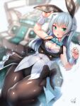  1girl alice_gear_aegis animal_ears arm_up bangs bare_shoulders black_bow black_leotard blue_hair blurry blurry_background blush bow bowtie breasts brown_legwear bunny_ears cleavage clenched_hand commentary_request covered_navel crop_top depth_of_field doyouwantto eyebrows_visible_through_hair fake_animal_ears from_below green_bow green_eyes green_neckwear half_updo hand_up leotard long_hair looking_at_viewer mecha ochanomizu_mirie open_mouth pantyhose plaid playboy_bunny shiny shiny_clothes shiny_hair sidelocks signature small_breasts solo standing standing_on_one_leg white_background wrist_cuffs 