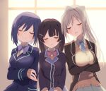  3girls backlighting bangs beige_sweater black_hair blue_jacket blue_neckwear bow bowtie breasts closed_eyes closed_mouth commentary_request grey_skirt higuchi_kaede jacket jk_gumi_(nijisanji) large_breasts long_hair long_sleeves multiple_girls necktie nijisanji open_clothes open_jacket parted_lips ponytail purple_hair purple_neckwear red_neckwear school_uniform shizuka_rin short_hair silver_hair sitting skirt sleeping sleeping_on_person small_breasts smile sou_(tuhut) tsukino_mito upper_body window 