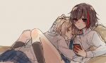  2girls :3 aoba_moca bang_dream! black_hair blush cellphone closed_eyes grey_hair hand_on_another&#039;s_head highres holding holding_phone lying lying_on_person mitake_ran multicolored_hair multiple_girls on_back ouga_0505 phone red_hair short_hair sketch streaked_hair yuri 