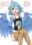  2017 2girls ahoge animal_hat bangs bird_legs black_tank_top blue_feathers blue_hair blue_wings blush brown_eyes closed_mouth etotama feathered_wings feathers feet_out_of_frame harpy hat junes monster_girl monster_musume_no_iru_nichijou multiple_girls on_lap one_eye_closed open_mouth papi_(monster_musume) piyo-tan short_hair short_shorts shorts sidelocks simple_background sitting tank_top white_background winged_arms wings 