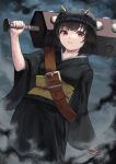  1girl black_hair brown_eyes character_request club fagi_(kakikaki) fog gintama holding holding_weapon horns japanese_clothes kanabou long_sleeves oni oni_horns outdoors over_shoulder parted_lips short_hair sleeves_past_wrists solo weapon weapon_over_shoulder wide_sleeves yellow_horns 