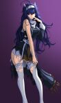  1girl blue_eyes blue_hair chaesu feet_out_of_frame gradient gradient_background hand_up highres horns long_hair looking_at_viewer orie_(under_night_in-birth) purple_background solo thighhighs torn_clothes torn_legwear under_night_in-birth very_long_hair white_horns white_legwear 