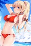  1girl bikini blonde_hair blue_sky blush breasts cloud hair_between_eyes long_hair looking_at_viewer medium_breasts ocean open_mouth original polka_dot polka_dot_bikini ponytail purple_eyes red_bikini side-tie_bikini sky solo swimsuit thighs wrist_cuffs yu_yu 