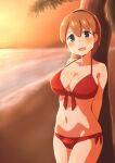  1girl arms_behind_back beach bikini blue_eyes blush breasts brown_hair cleavage collarbone cowboy_shot evening front-tie_top intrepid_(kancolle) junes kantai_collection large_breasts looking_at_viewer navel ocean open_mouth outdoors ponytail red_bikini short_hair side-tie_bikini sky solo sunset swimsuit 