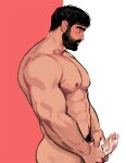  1boy abs bara beard blush briefs completely_nude cum erection facial_hair from_side highres jang_ju_hyeon large_pectorals male_focus male_masturbation male_underwear masturbation mature_male muscular muscular_male navel navel_hair nipples nude original pectorals short_hair solo stomach thick_eyebrows uncensored underwear 