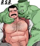  2boys abs bara bare_pectorals beard blush borrowed_character buzz_cut chest_hair colored_skin couple crotch_grab facial_hair fangs green_skin hairy hand_on_another&#039;s_face highres interspecies jang_ju_hyeon large_pectorals looking_at_another male_focus mature_male monster_boy multiple_boys muscular muscular_male mustache navel navel_hair nipples open_clothes open_shirt orc original out-of-frame_censoring pectorals pointy_ears reward_available short_hair sideburns size_difference smirk stomach stubble thick_eyebrows undercut very_short_hair yaoi 