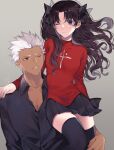  1boy 1girl archer_(fate) bangs black_hair black_legwear black_ribbon black_shirt black_skirt blue_eyes brown_eyes collarbone collared_shirt commentary_request dark-skinned_male dark_skin fate/stay_night fate_(series) grey_background hair_ribbon highres holding_another long_hair long_sleeves one_eye_closed parted_bangs pleated_skirt red_shirt ribbon shimatori_(sanyyyy) shirt silver_hair simple_background skirt smile symbol_commentary thighhighs tohsaka_rin twintails zettai_ryouiki 