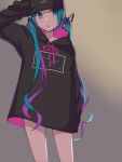  1girl aira_(exp) aqua_eyes aqua_hair baggy_clothes baseball_cap black_headwear black_hoodie chestnut_mouth cowboy_shot drawstring gradient gradient_background grey_background hair_ornament hand_up hat hatsune_miku highres hood hoodie long_hair looking_at_viewer naked_hoodie solo twintails very_long_hair vocaloid 