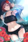  1girl :o arm_up armpits ass_visible_through_thighs bangs bikini black_bikini black_choker blue_jacket blurry blurry_background blurry_foreground blush breasts brown_hair choker cleavage commentary_request cowboy_shot drawstring dutch_angle eyebrows_visible_through_hair flat_chest flower frilled_bikini frills fujita_kanbe hair_between_eyes hair_flower hair_ornament hairclip hands_up higuchi_madoka idolmaster idolmaster_shiny_colors jacket long_sleeves looking_at_viewer midriff mole mole_under_eye navel open_clothes open_jacket parted_lips petals petals_on_liquid purple_eyes short_hair sidelocks solo standing swept_bangs swimsuit wading water wet x_hair_ornament 