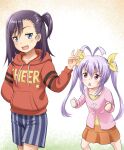  2girls :d antenna_hair blue_shorts blush bow child grey_eyes hair_bow hand_in_pocket hand_up hood hood_down hoodie long_hair malcorond miniskirt miyauchi_hikage miyauchi_renge multiple_girls non_non_biyori one_side_up open_mouth orange_skirt pink_shirt pleated_skirt purple_hair red_hoodie shirt shorts skirt smile smug standing striped striped_shorts triangle_mouth twintails yellow_bow yellow_shirt 