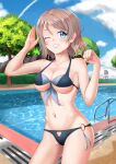  1girl absurdres bikini black_bikini blue_eyes blush breasts brown_hair cleavage clothing_cutout collarbone cutout_below_navel ears eyebrows fingernails front-tie_bikini front-tie_top grey_hair grin hakuya_(reihoui) hand_gesture highres lips love_live! love_live!_sunshine!! lowleg lowleg_bikini medium_breasts medium_hair multicolored multicolored_bikini multicolored_clothes nail_polish navel o-ring o-ring_bikini o-ring_bottom one_eye_closed outdoors pool ribbon sky smile swimsuit thighs underboob watanabe_you 