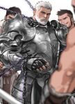  4boys age_difference armor bara beard bound bound_arms breastplate chain chained eyebrow_cut facial_hair highres jang_ju_hyeon male_focus mature_male multiple_boys muscular muscular_male mustache old old_man original reward_available short_hair shoulder_armor thick_eyebrows white_hair 