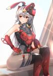  1girl absurdres animal_ears armor bare_shoulders black_legwear boots breasts bunny_ears charolic_(girls&#039;_frontline_2) closed_mouth eyebrows_visible_through_hair feet_out_of_frame gauntlets girls&#039;_frontline girls&#039;_frontline_2:_exilium grey_hair hand_on_hip highres long_hair looking_away muteppona_hito pantyhose red_eyes simple_background sitting solo sunlight thighs 