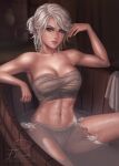  1girl bathing breasts ciri eollynart green_eyes highres large_breasts looking_at_viewer navel scar tattoo the_witcher_(series) the_witcher_3 white_hair wrapping 