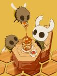 arizuka_(catacombe) bee bug butter chair cloak cup flying food highres hollow_eyes hollow_knight honey honeycomb horns insect knight_(hollow_knight) mask no_humans orange_background pancake simple_background sitting wings 