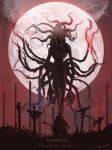  1boy alien bloodborne cape cloud copyright_name cross eldritch_abomination english_text facing_another facing_away from_behind gehrman_the_first_hunter hat highres holding holding_scythe monster moon moon_presence red_moon red_sky scythe sky tentacles tripdancer weapon wings 