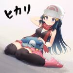  1girl absurdres beanie blue_eyes blue_hair blush boots bracelet brown_legwear character_name closed_mouth commentary dawn_(pokemon) eyelashes gen_4_pokemon hair_ornament hairclip hat highres jewelry long_hair on_lap pink_footwear piplup pokemon pokemon_(creature) pokemon_(game) pokemon_dppt pokemon_on_lap red_scarf rekyu_(rcrcx2) scarf sitting sleeveless smile starter_pokemon thighhighs white_headwear 