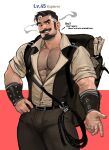  1boy bara beard beckoning beige_shirt brown_pants bulge cigar english_text facial_hair fantasy forked_eyebrows goatee highres jang_ju_hyeon large_pectorals male_cleavage male_focus mature_male muscular muscular_male mustache old old_man orc original pants partially_unbuttoned pectorals reward_available rope short_hair sleeves_rolled_up smoking solo thick_eyebrows thick_thighs thighs 