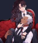  1boy 1girl alternate_costume archer_(fate) bangs black_hair black_jacket black_neckwear black_pants black_vest blue_eyes collar collared_shirt commentary_request couch crossdressing dark-skinned_male dark_skin fate/stay_night fate_(series) formal highres holding jacket leash long_hair long_sleeves looking_at_viewer necktie on_couch pants parted_bangs ponytail red_collar shimatori_(sanyyyy) shiny shiny_hair shirt sitting suit tohsaka_rin vest white_hair white_shirt 