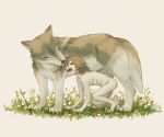  1boy :d absurdres all_fours avogado6 barefoot brown_hair commentary_request completely_nude flower from_side grass highres licking licking_face missing_tooth nude open_mouth original simple_background skinny smile white_background white_flower wolf 