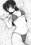  1girl bed_sheet bikini blush breasts choker cleavage closed_mouth commentary cowboy_shot embarrassed from_above greyscale groin highleg highleg_bikini highres idolmaster idolmaster_shiny_colors large_breasts long_hair looking_at_viewer lying mayuzumi_fuyuko miyoshi_(triple_luck) monochrome navel on_back on_bed pillow pillow_grab solo sound_effects stomach sweatdrop swimsuit translated two_side_up v-shaped_eyebrows 