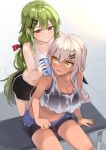  2girls bare_arms bare_shoulders bench black_shorts breasts can cleavage closed_mouth collarbone commission crop_top crop_top_overhang dark_skin dolphin_shorts dulldull girls&#039;_frontline green_hair hair_ornament hairclip highres holding holding_can large_breasts leaning_forward long_hair looking_at_another m590_(girls&#039;_frontline) midriff mk48_(girls&#039;_frontline) multiple_girls open_mouth orange_eyes pixiv_request red_eyes see-through shirt short_shorts shorts sitting sleeveless sleeveless_shirt smile sports_bra standing stomach sweat thighs v-shaped_eyebrows very_long_hair white_background white_hair white_shirt 