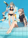  3girls annin_musou arm_support bangs bikini black_bikini black_ribbon black_shirt blonde_hair blue_sky breasts brown_eyes closed_eyes cloud cocktail cocktail_glass collarbone cup day drinking_glass eyebrows_visible_through_hair green_hair hair_ribbon hand_on_hip high_ponytail highres holding holding_cup kantai_collection long_hair multiple_girls navel official_alternate_costume open_mouth pink_hair ponytail pool poolside ribbon shirt short_sleeves sitting sky small_breasts smile swimsuit very_long_hair water water_gun yura_(kancolle) yuubari_(kancolle) yuudachi_(kancolle) 