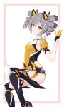  1girl :i bangs black_footwear boots breasts bronya_zaychik bronya_zaychik_(yamabuki_armor) drill_hair gloves grey_eyes grey_hair haiqi_kmx hair_between_eyes highres honkai_(series) honkai_impact_3rd looking_at_viewer sideboob simple_background small_breasts solo thigh_boots thighhighs twin_drills white_background yellow_gloves 