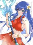 1girl absurdres bangs blue_eyes blue_hair blush breasts caeda_(fire_emblem) fire_emblem fire_emblem:_mystery_of_the_emblem fire_emblem_heroes flower gonzarez highres large_breasts long_hair looking_at_viewer simple_background smile solo swimsuit weapon 